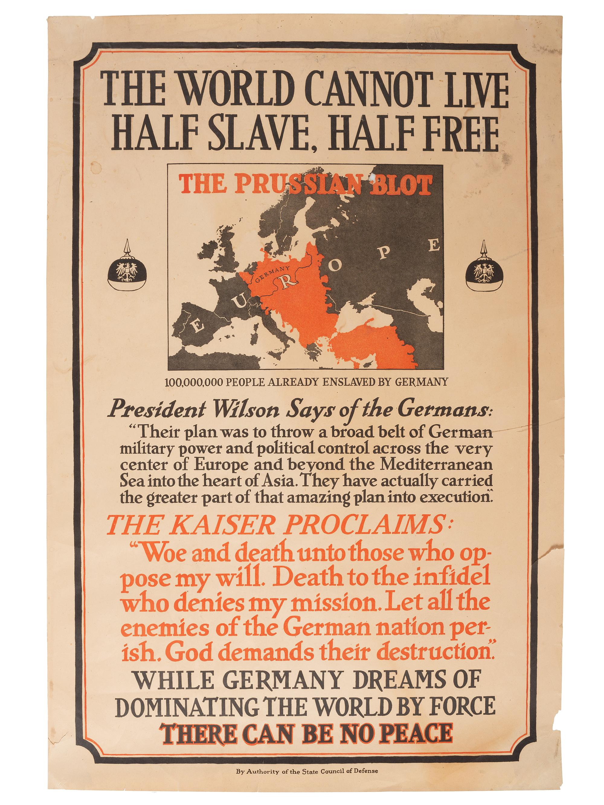 [WORLD WAR I]. A group of 7 posters depicting and lambasting Huns and Kaiser Wilhelm II, comprising: