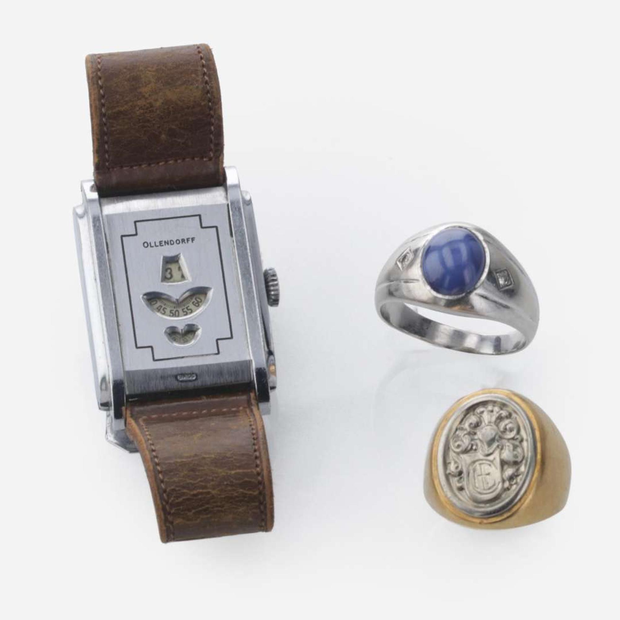 A Collection of Two Men's Rings and Wristwatch
