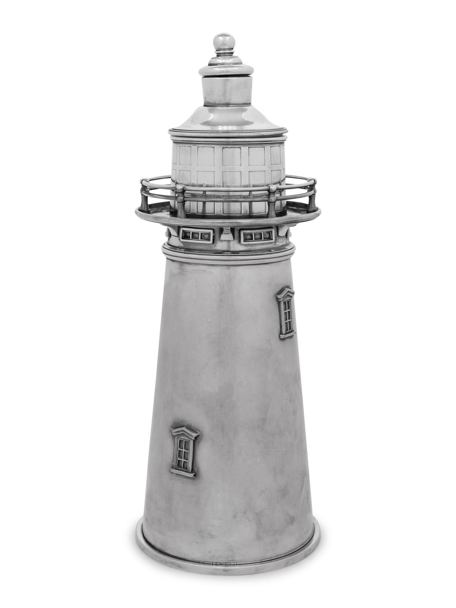 An American Silver-Plate Lighthouse Cocktail Shaker with Music Box