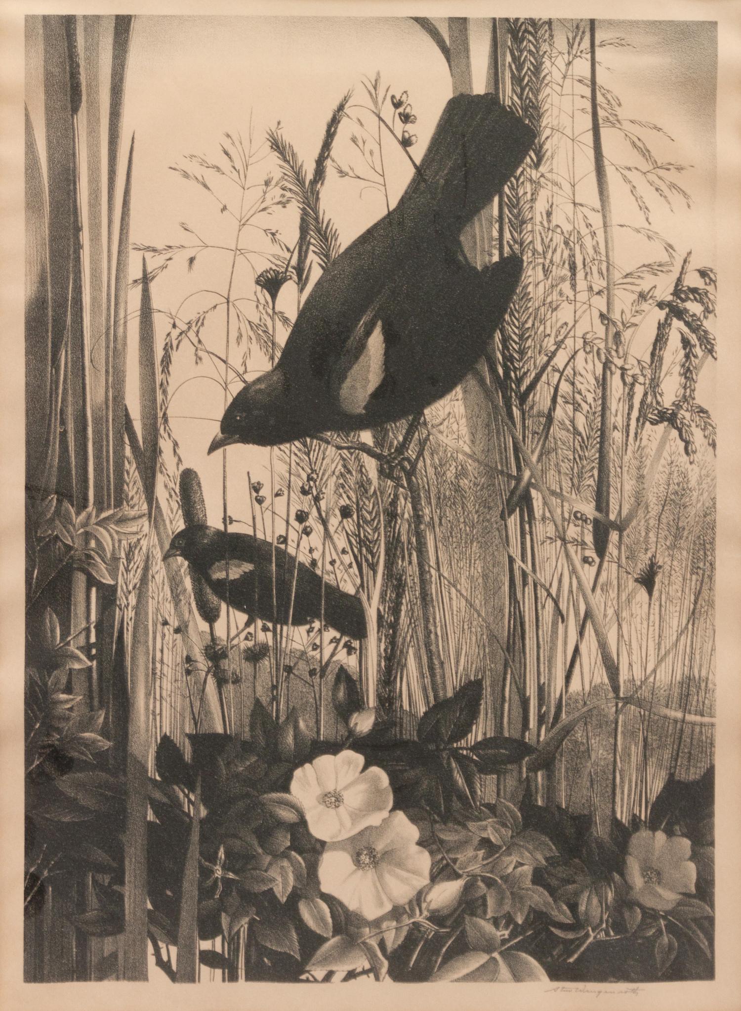 A group of five prints ( Memory , 1971; Four Chickadees , 1956; Little Friends , 1972; Red-Winged Black Birds , 1946; The Matriarch, Owl )