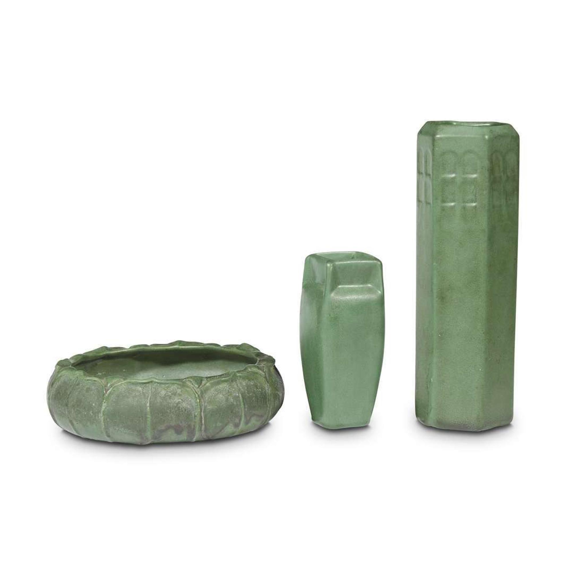Weller Pottery, etc. group of three matte green vessels, circa 1900