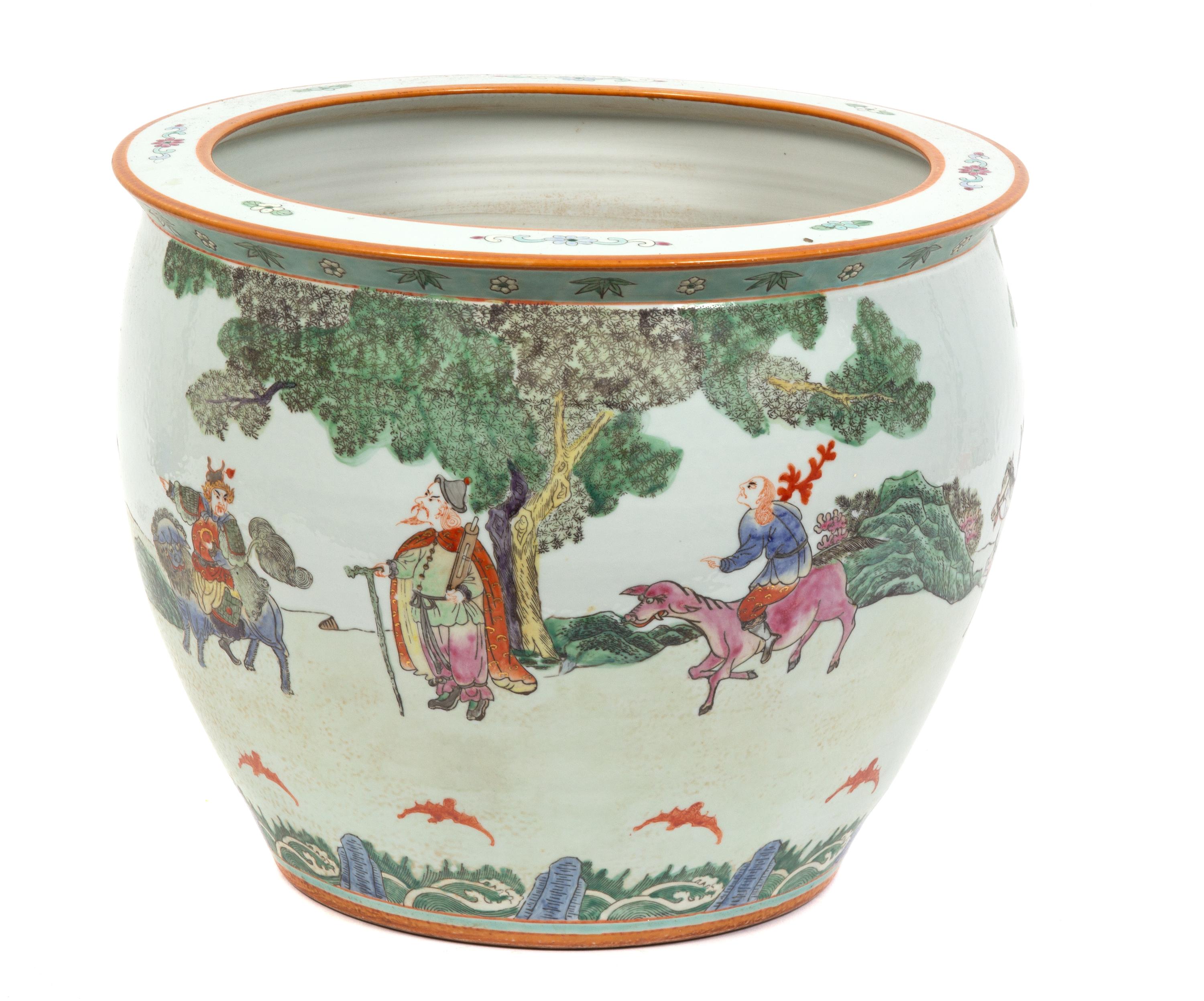A Chinese Famille Verte Porcelain Jardiniere Height 12 x diameter 14 3/4 inches. — 20TH CENTURY