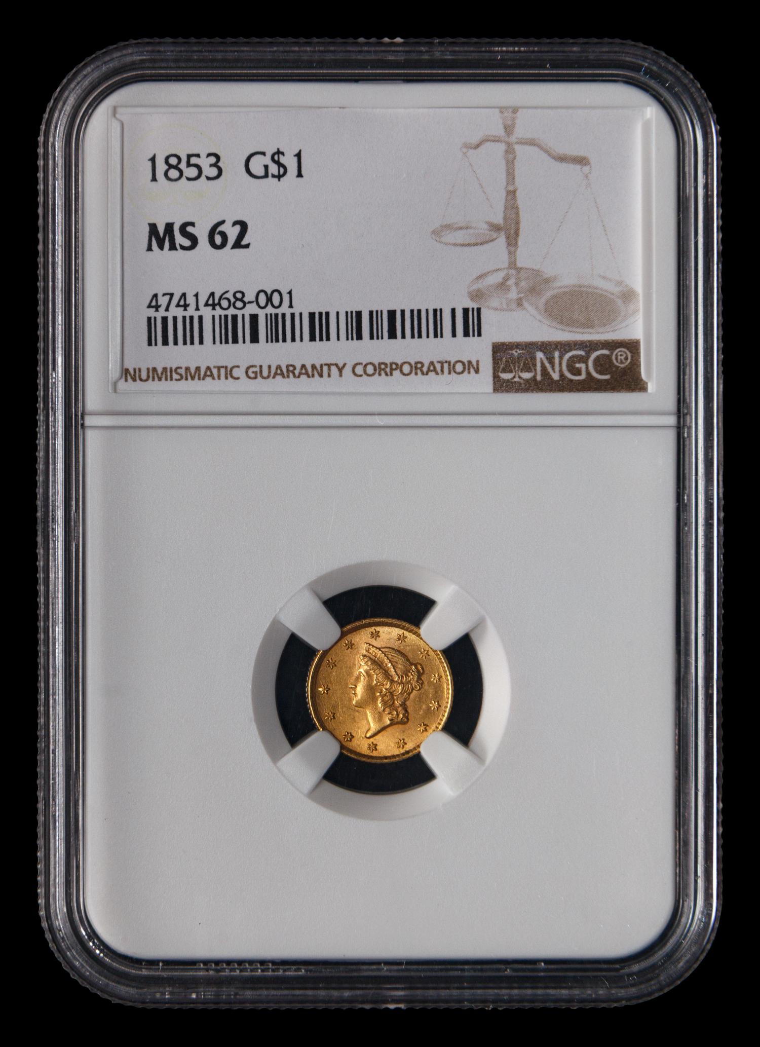 An 1853 Liberty Head $1 Gold Coin (NGC MS62)