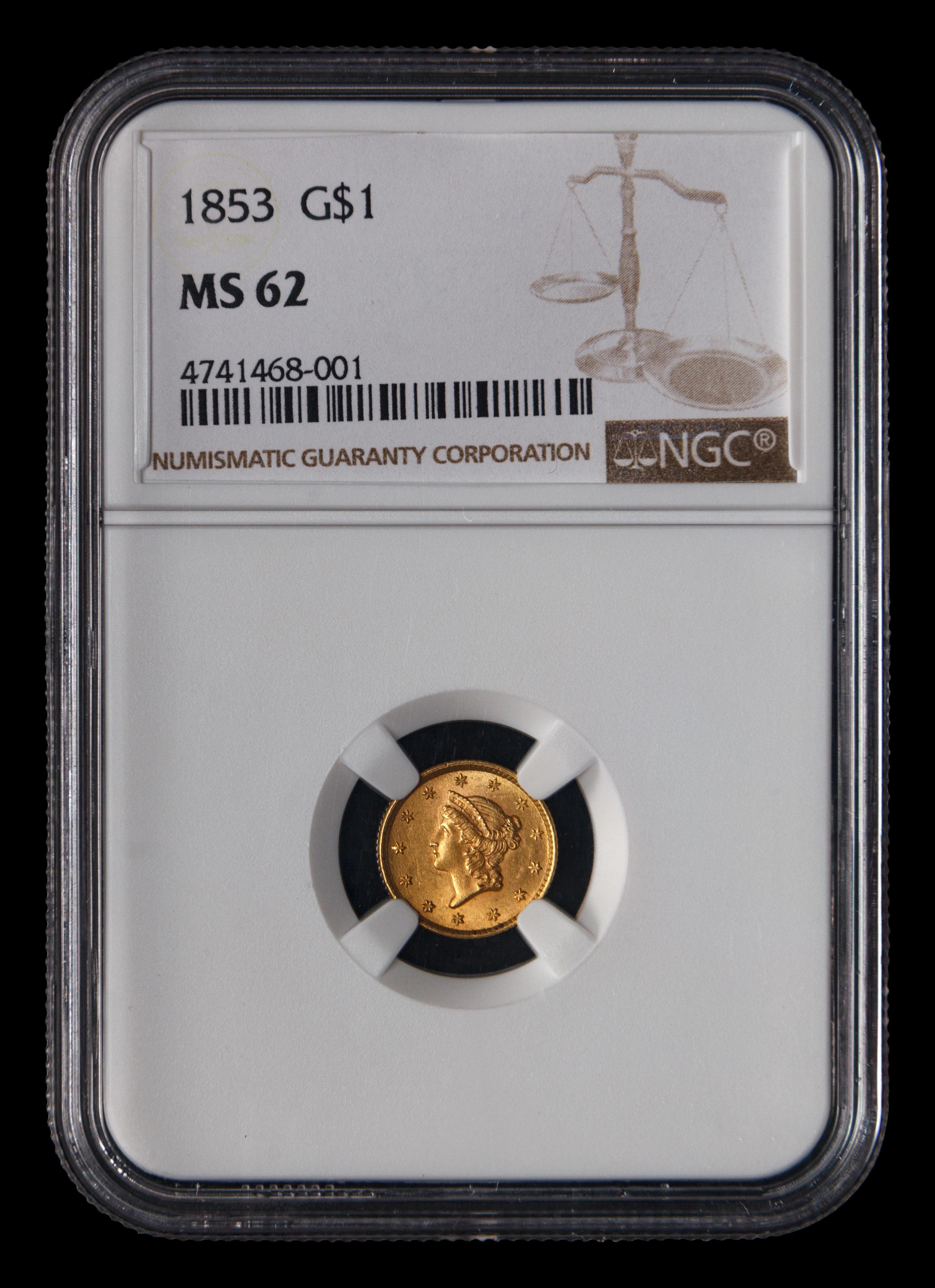 An 1853 Liberty Head $1 Gold Coin (NGC MS62)
