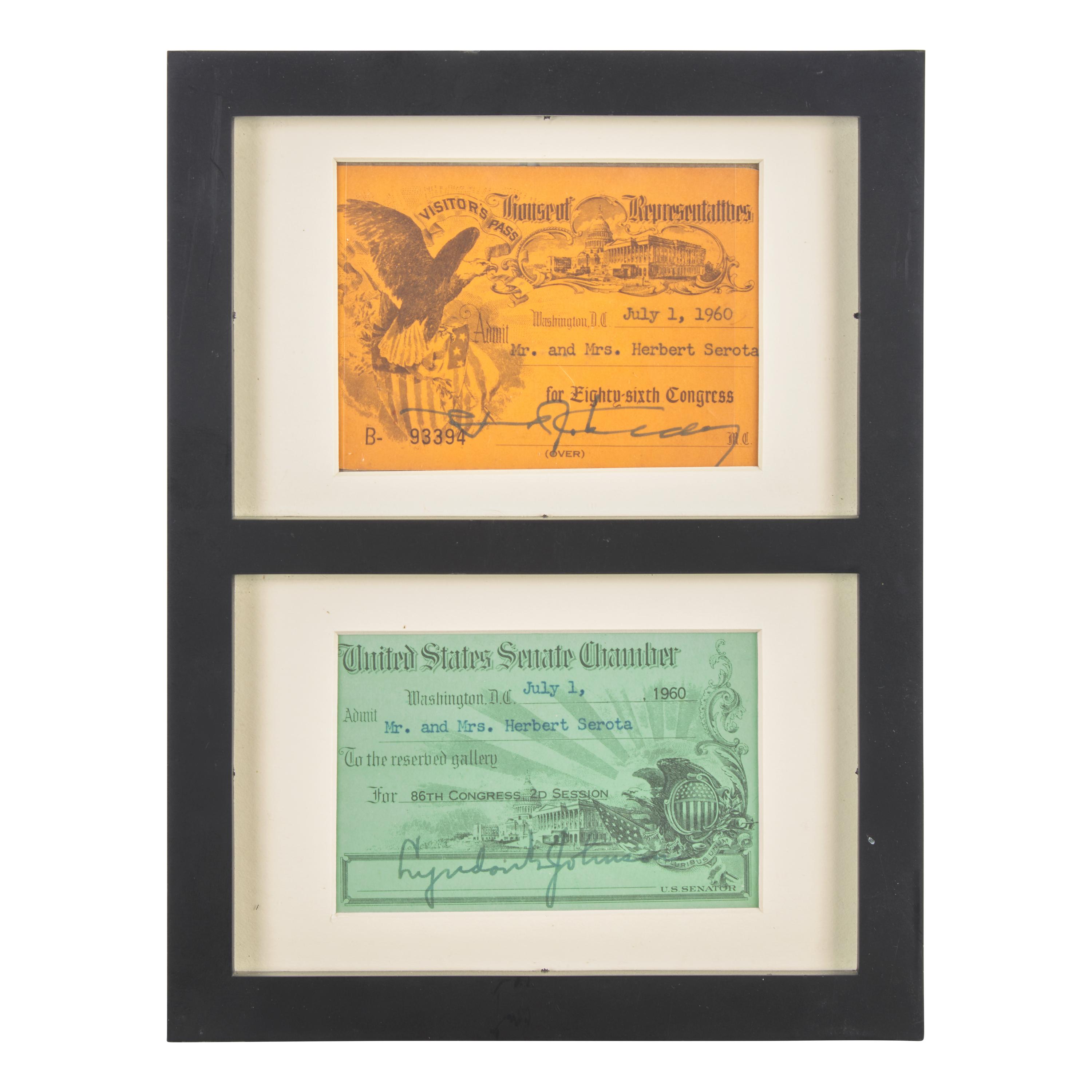 [Presidential] Johnson, Lyndon B. Group of 2 Congressional Chamber visitor passes, signed