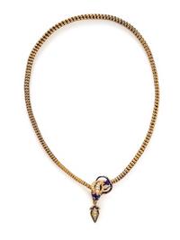 VICTORIAN, YELLOW GOLD, ENAMEL AND SEED PEARL SNAKE NECKLACE