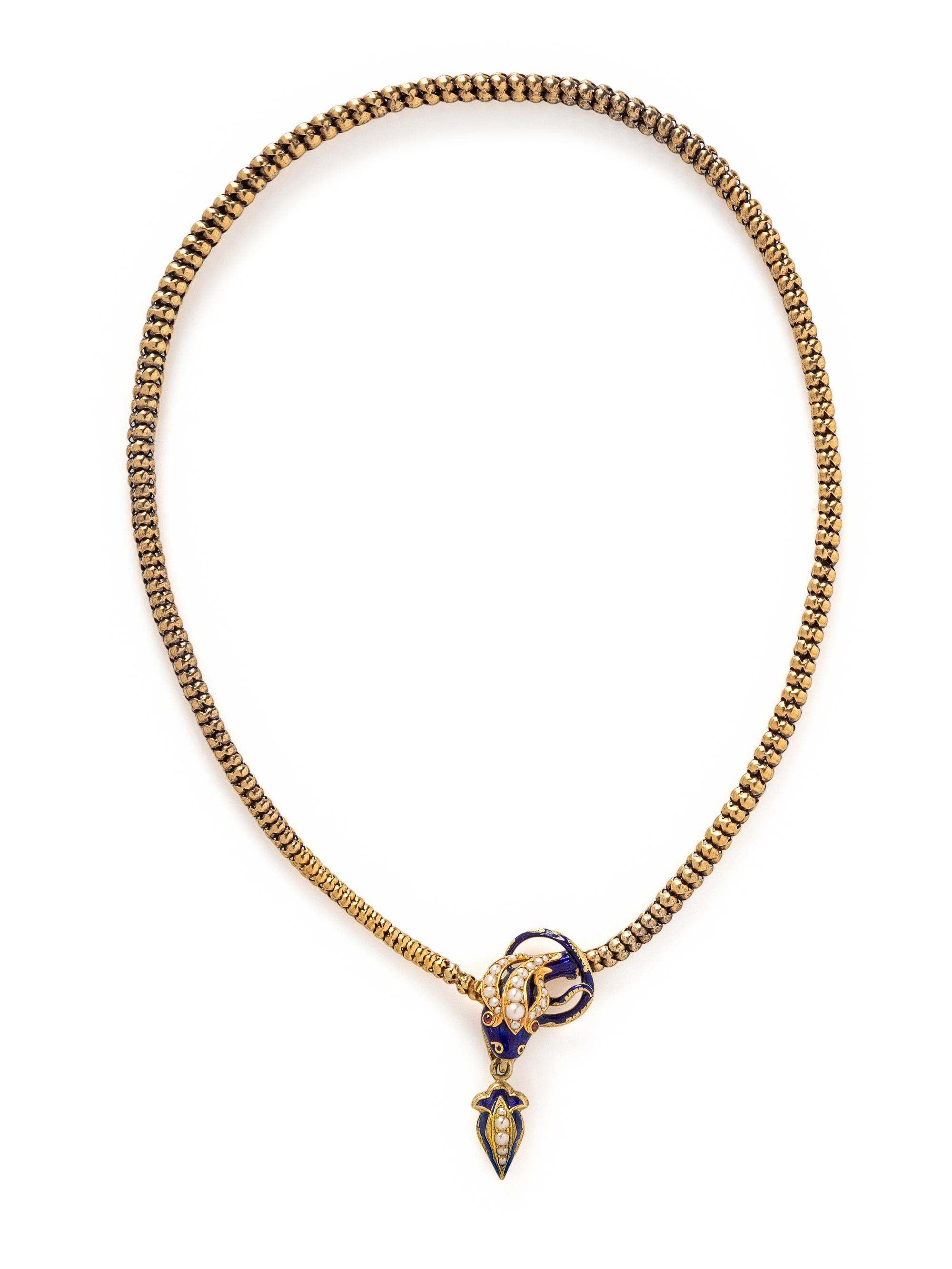 VICTORIAN, YELLOW GOLD, ENAMEL AND SEED PEARL SNAKE NECKLACE