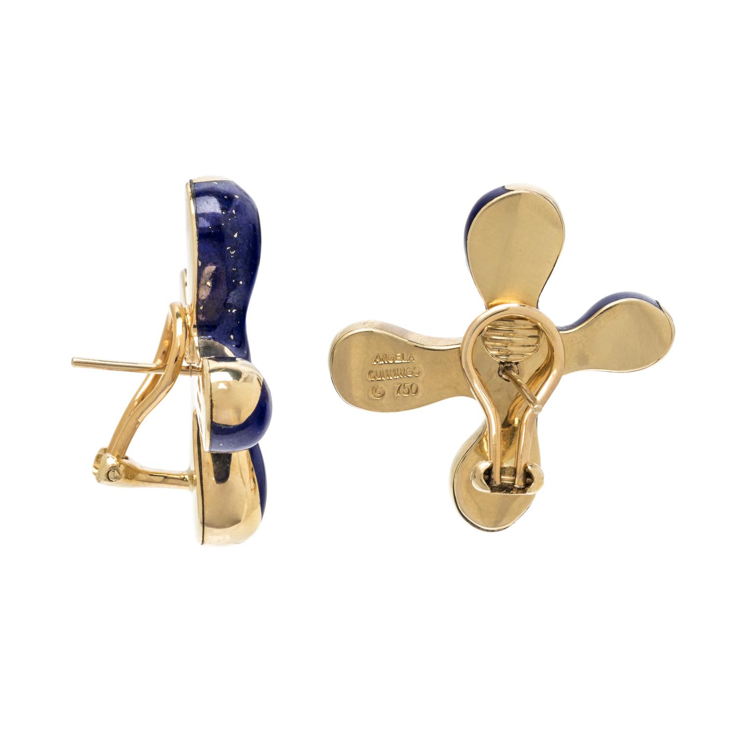 ANGELA CUMMINGS, YELLOW GOLD AND LAPIS LAZULI EARCLIPS