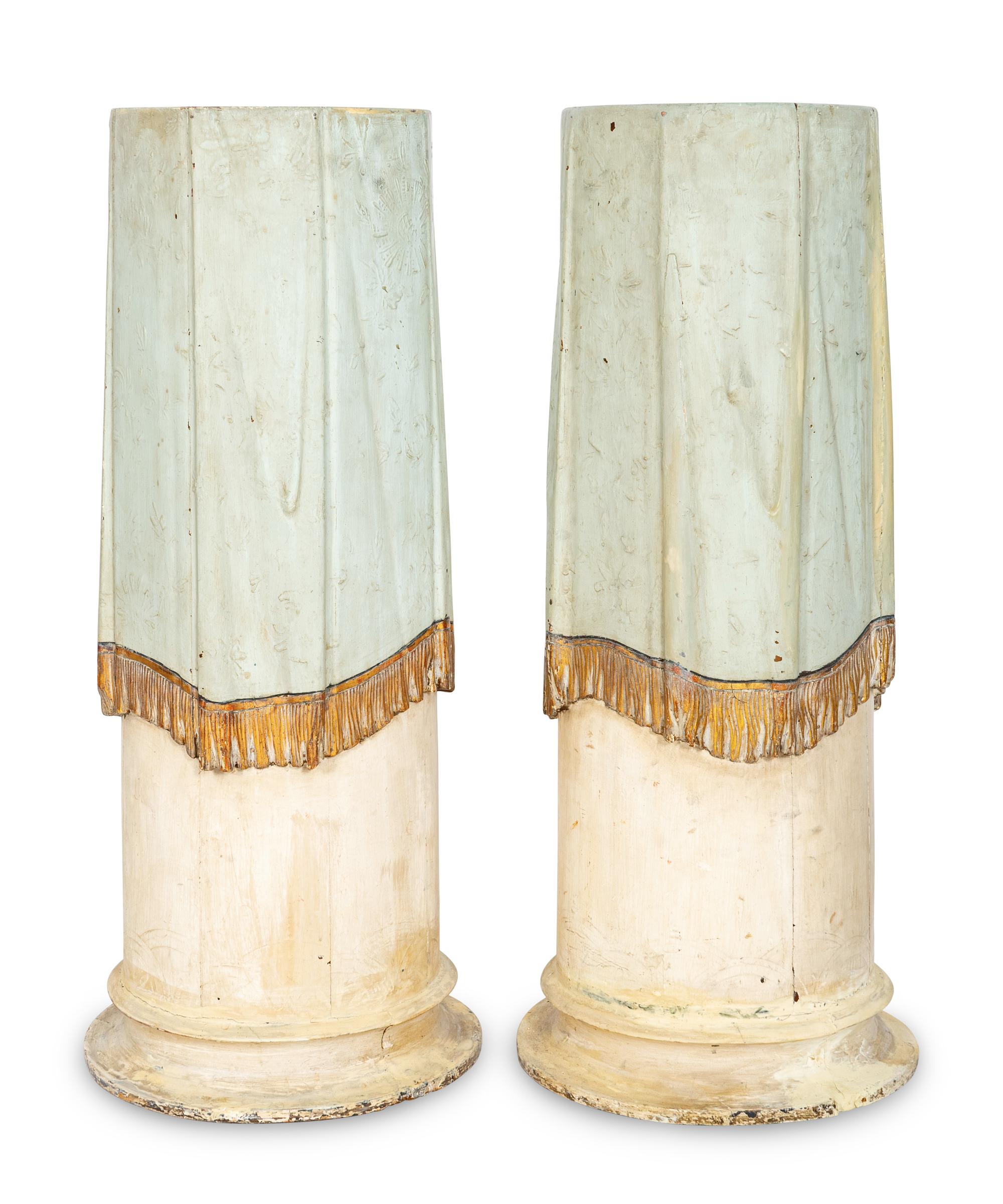 A Pair of Continental Painted and Parcel Gilt Tromp l'Oeil Pedestals