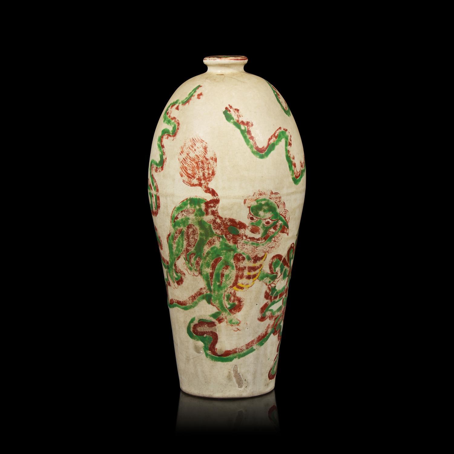 A Chinese Enameled Ceramic Vase, Meiping, Ming Dynasty 明 紅綠彩佛獅圖梅瓶