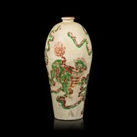 A Chinese Enameled Ceramic Vase, Meiping, Ming Dynasty 明 紅綠彩佛獅圖梅瓶