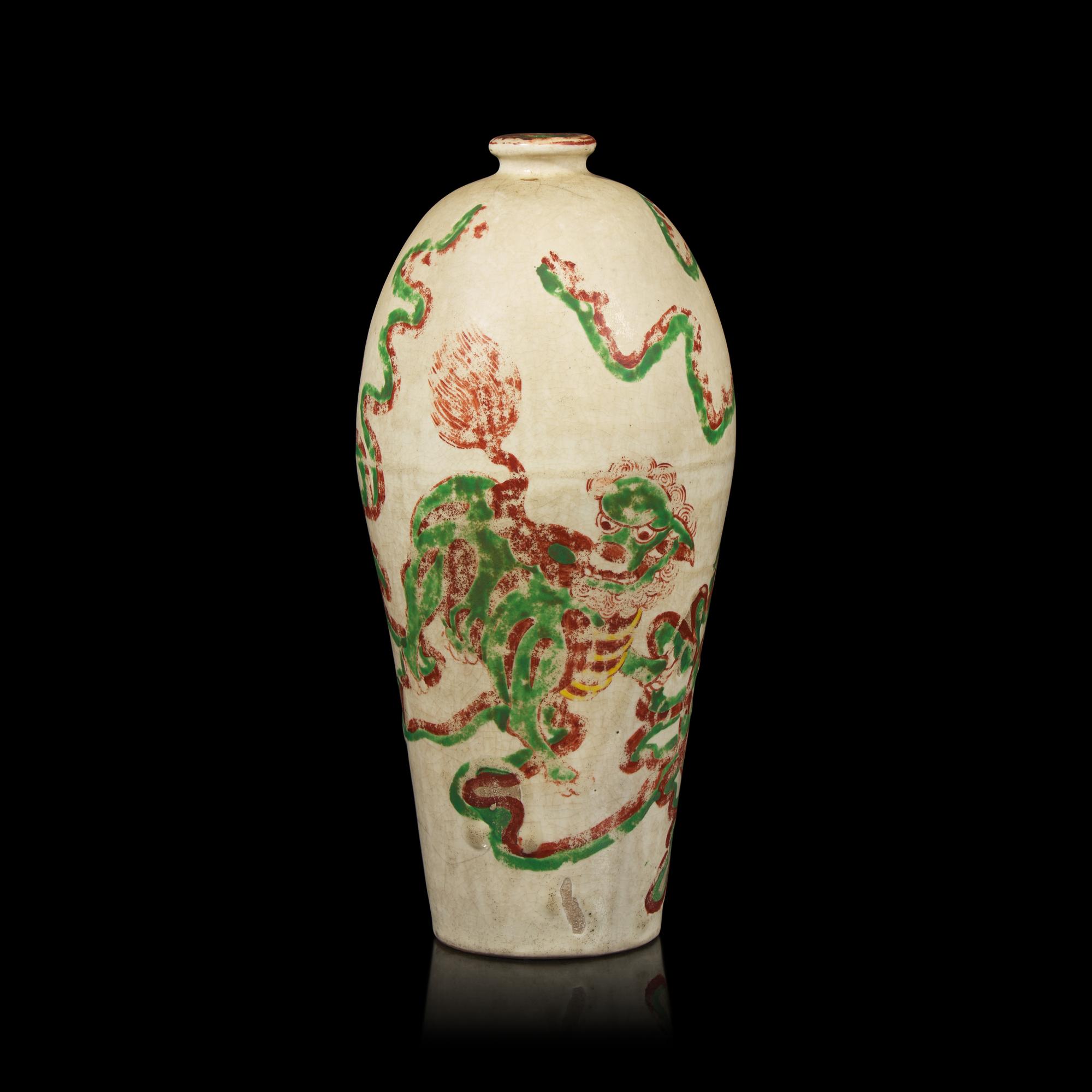 A Chinese Enameled Ceramic Vase, Meiping, Ming Dynasty 明 紅綠彩佛獅圖梅瓶