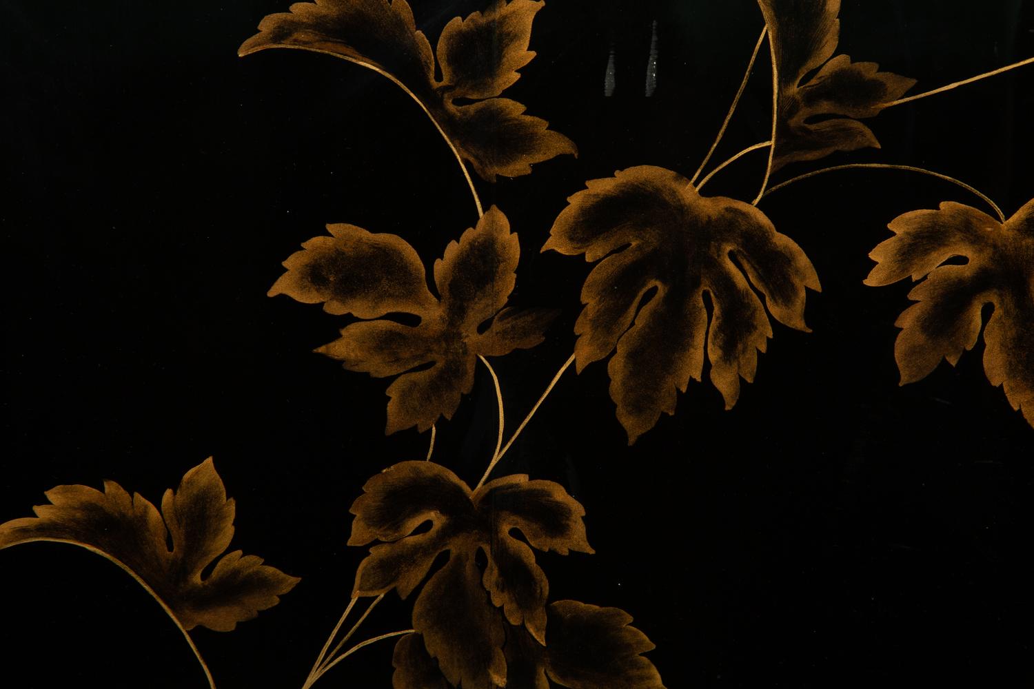 A Pair of Modernist Chinese Black and Gilt Decorated Lacquered Side Tables