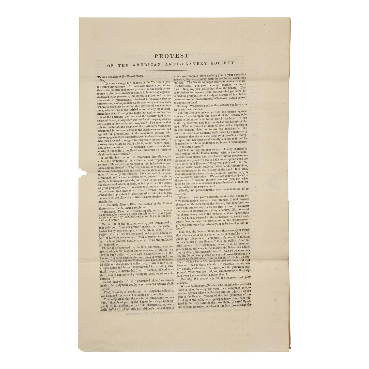 [African-Americana] [Jackson, Andrew] Protest of the American Anti-Slavery Society