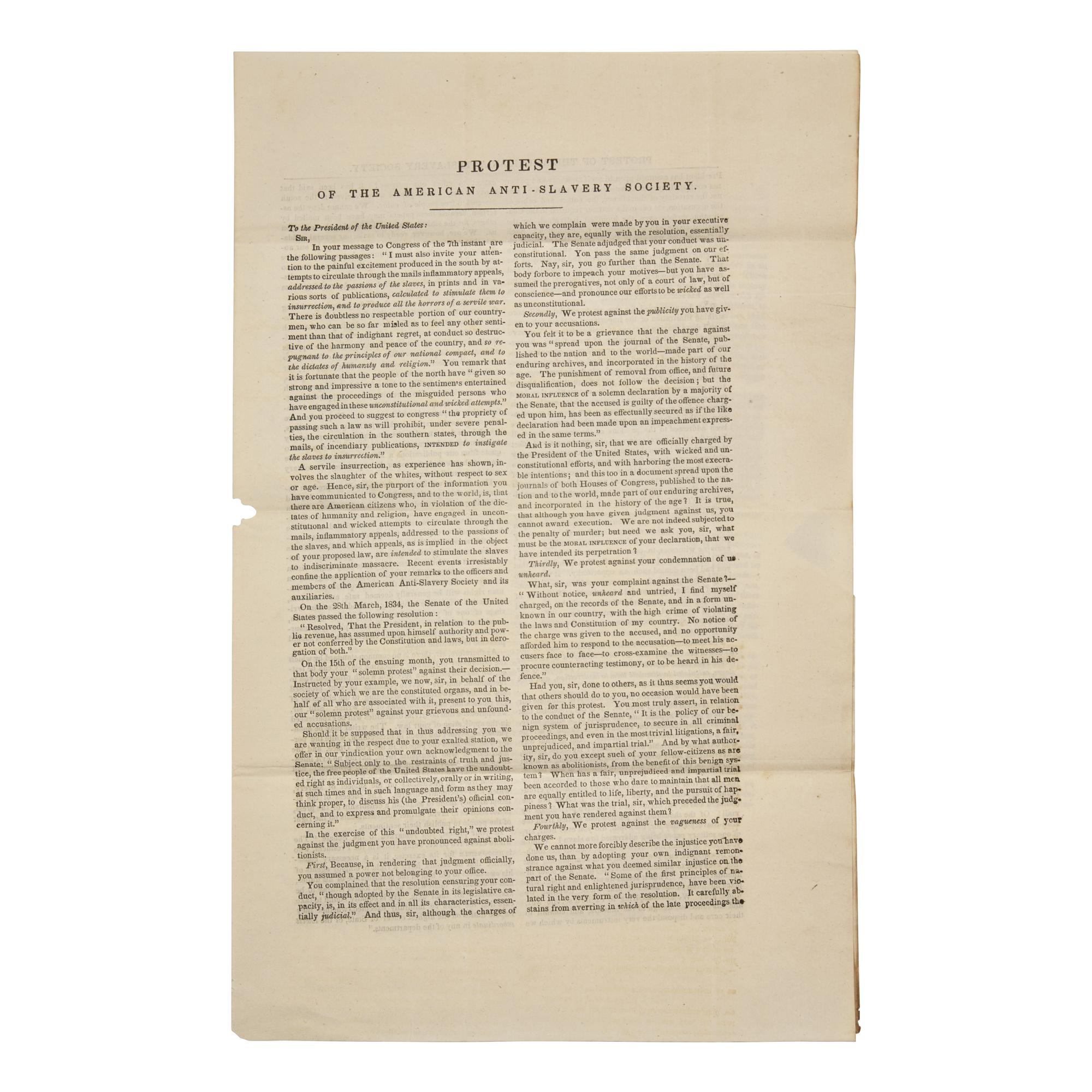[African-Americana] [Jackson, Andrew] Protest of the American Anti-Slavery Society