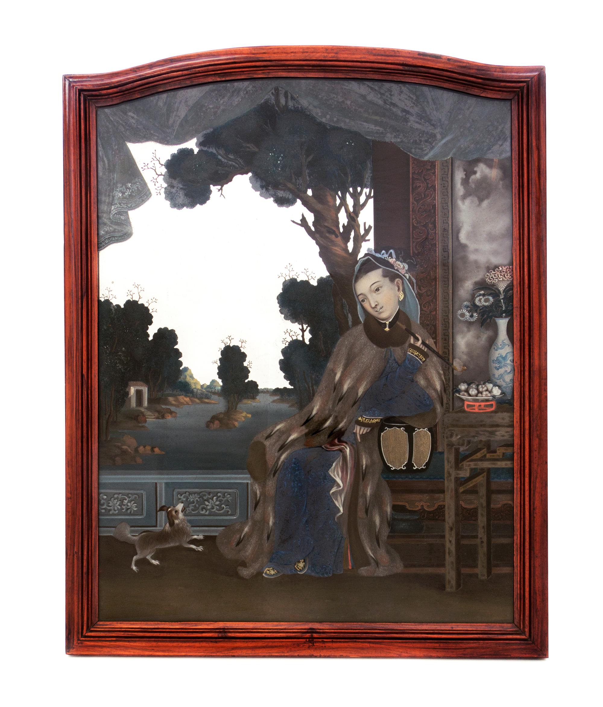 A Chinese Reverse Painted Mirror, QIANLONG PERIOD, CIRCA 1765, Overall height 28 x width 22 inches. — QIANLONG PERIOD, CIRCA 1765,