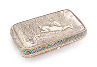 A Russian Silver-Gilt and Enamel Cigarette Case, Mark of Pavel Ovchinnikov with Imperial Warrant, Moscow 1875, one side of the case wit
