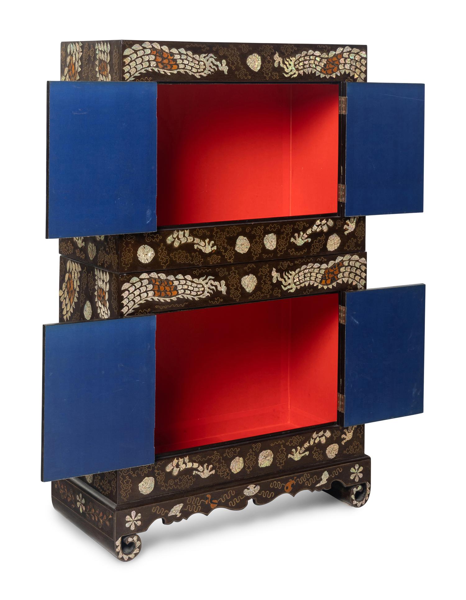 A Fine Pair of Korean Two-Tiered Mother-of-Pearl, Shagreen, and Wire Inlaid Cabinets