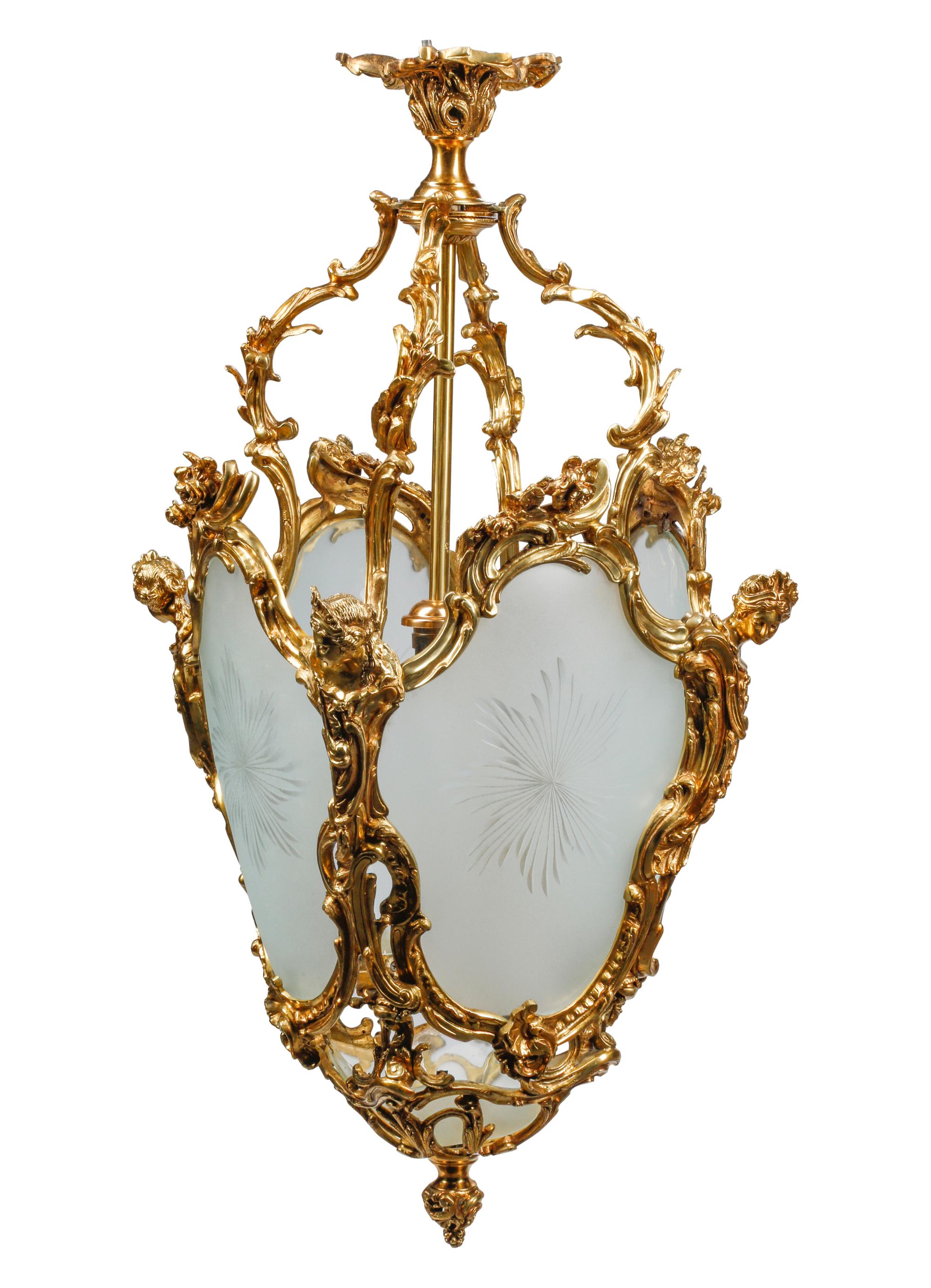 A Pair of Louis XV Style Gilt Bronze and Etched Glass Hall Lanterns