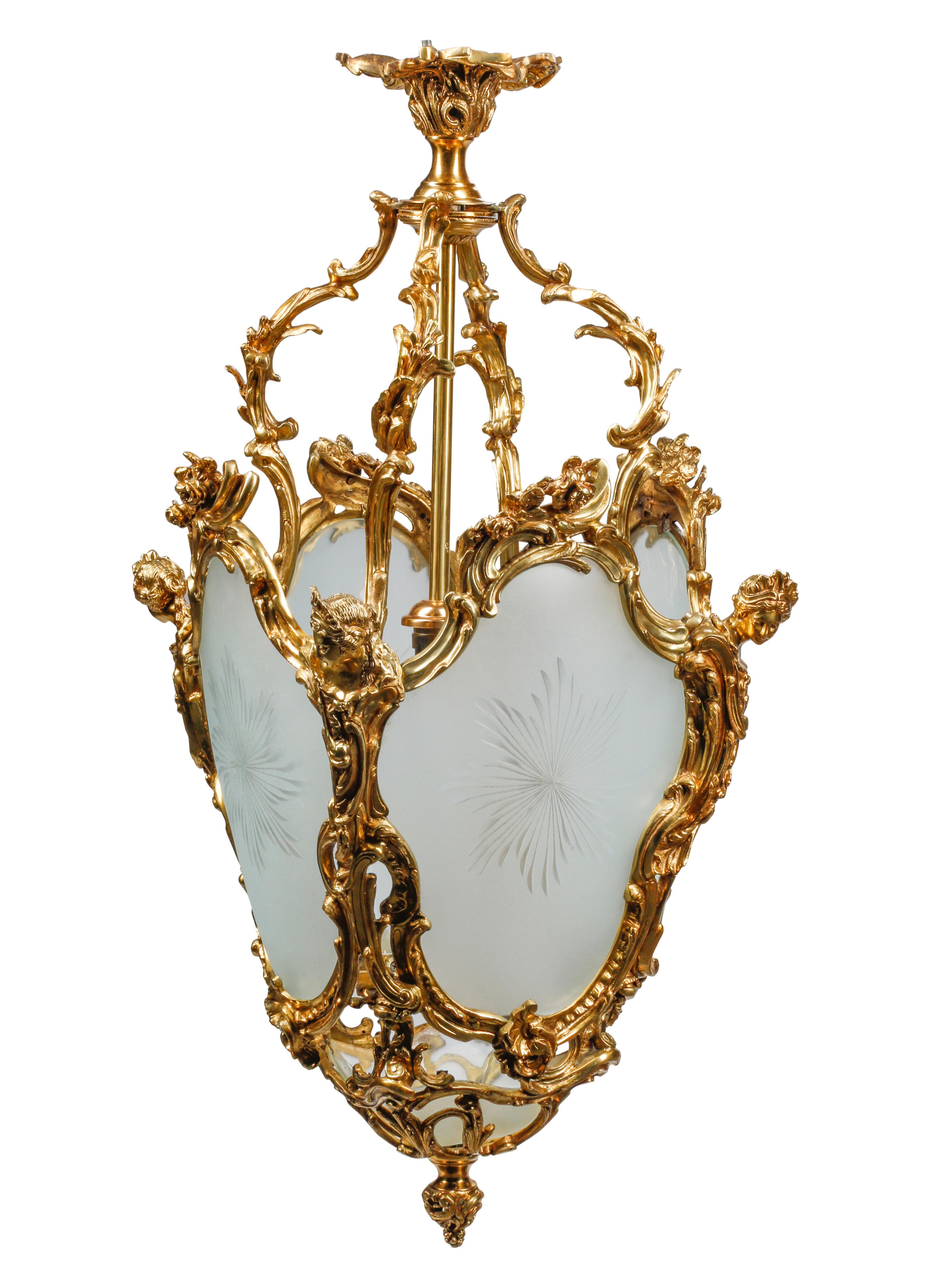A Pair of Louis XV Style Gilt Bronze and Etched Glass Hall Lanterns