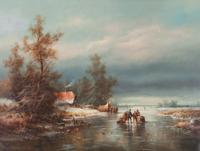 Ludwig Muninger, (German, 1929-1997), Winter Lake Scene with Villagers
