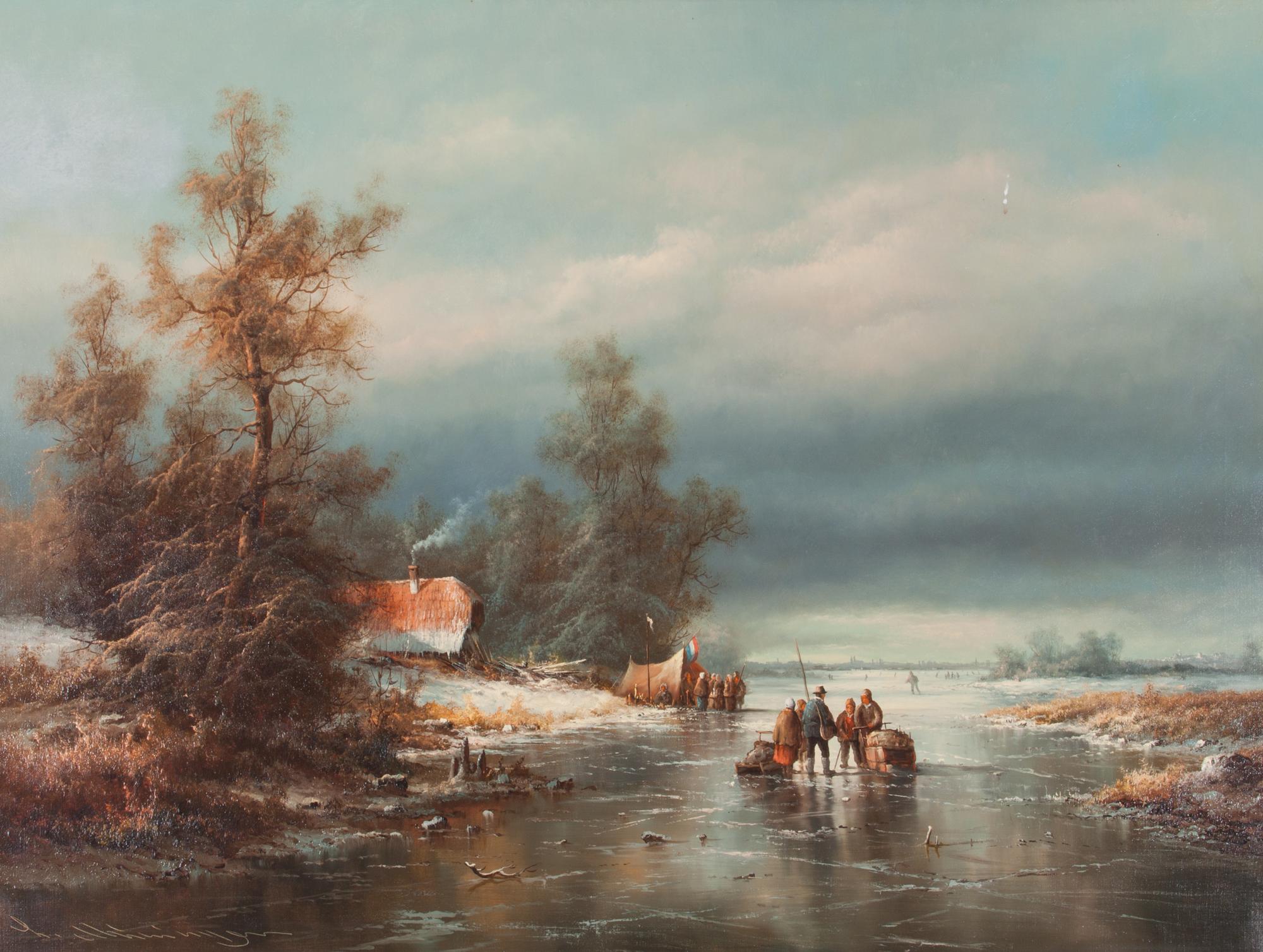 Ludwig Muninger, (German, 1929-1997), Winter Lake Scene with Villagers