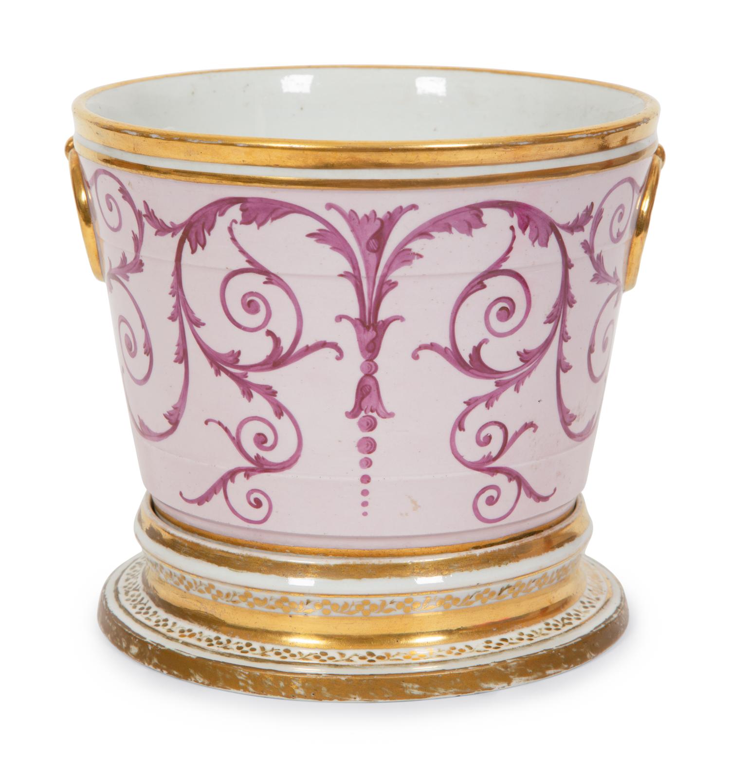 An English Painted and Parcel Gilt Porcelain Cache Pot and Stand