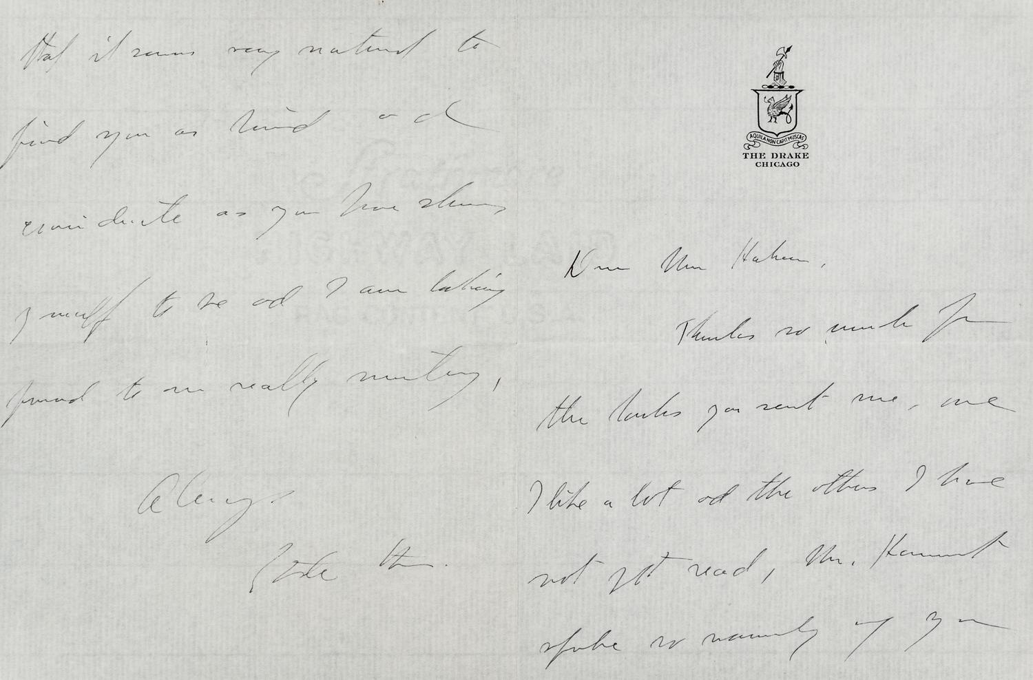 STEIN, Gertrude (1874-1946). Autograph letter signed ("Grtde Ste"), to Mrs. [Marcella Burns] Hahner. Chicago, n.d. [ca 1934-1935].