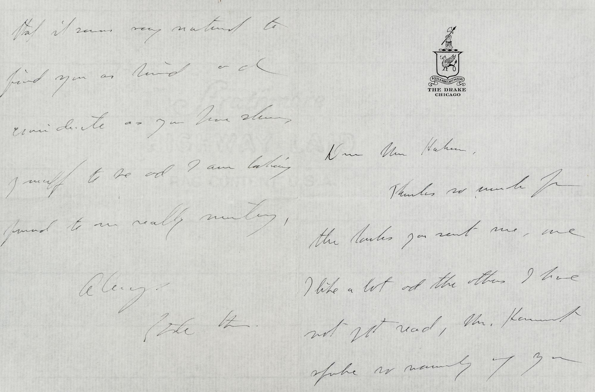 STEIN, Gertrude (1874-1946). Autograph letter signed ("Grtde Ste"), to Mrs. [Marcella Burns] Hahner. Chicago, n.d. [ca 1934-1935].