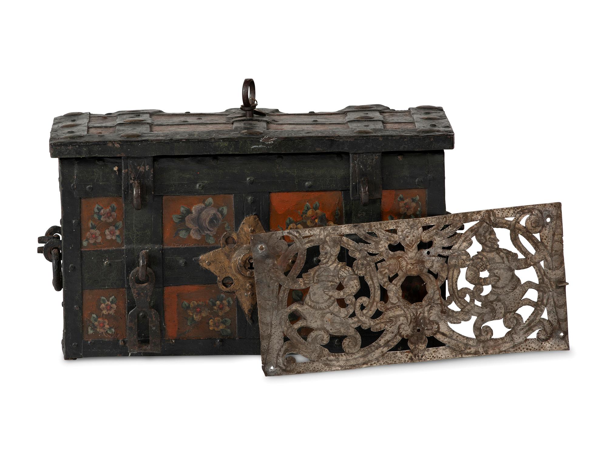 A Continental Paint-Decorated and Iron Mounted Strong Box