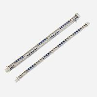 Two Art Deco synthetic sapphire, diamond, and platinum bracelets