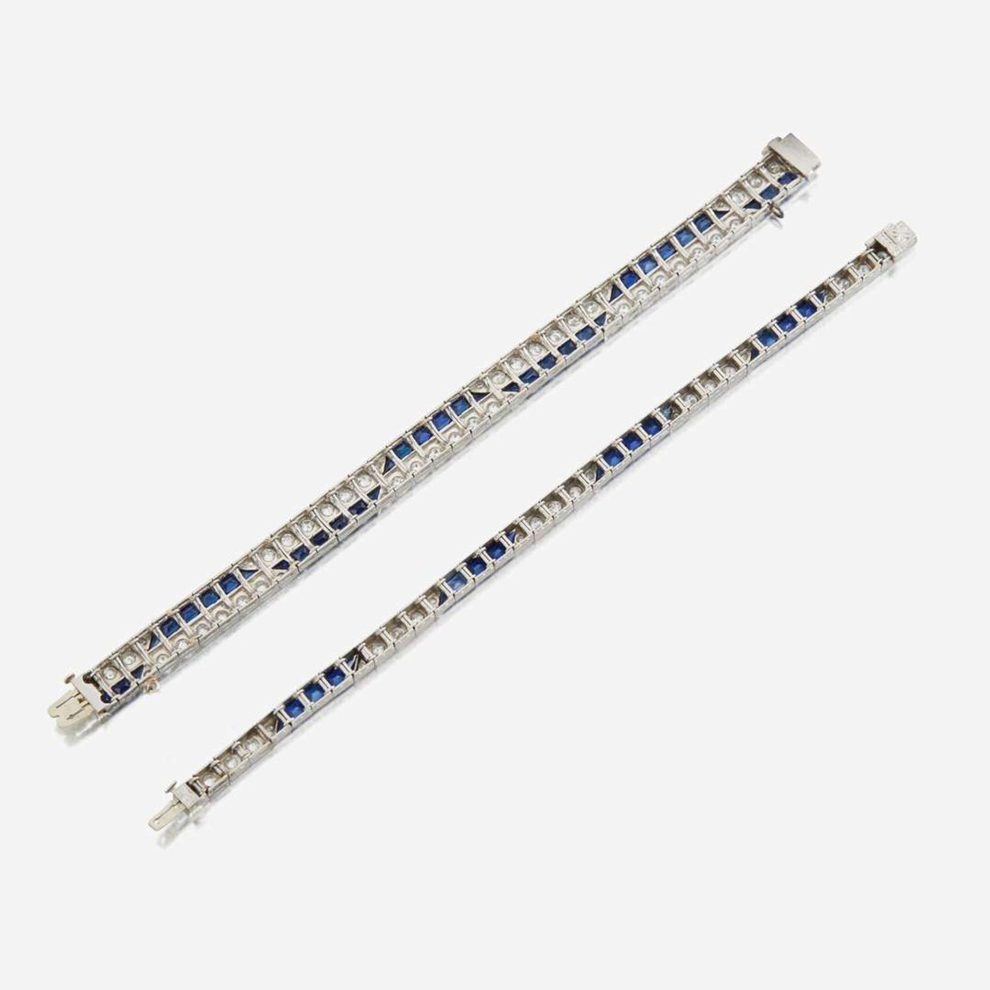 Two Art Deco synthetic sapphire, diamond, and platinum bracelets