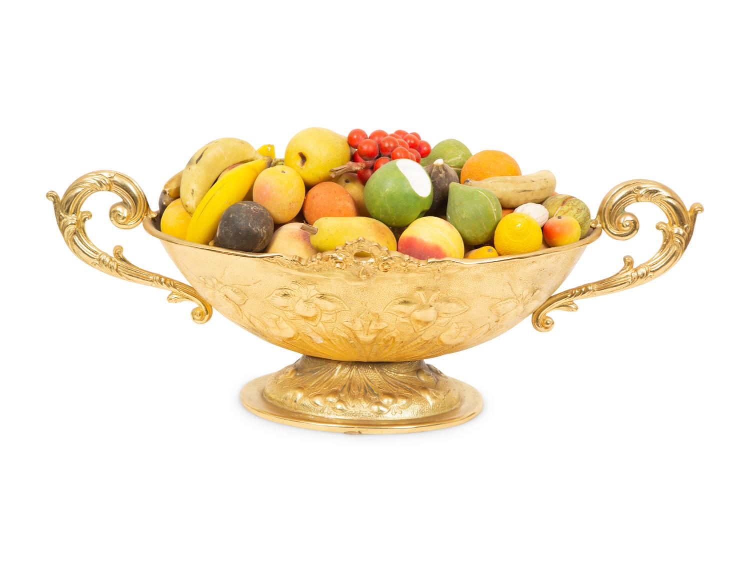 An Italian Gilt Metal Centerpiece Bowl with Hardstone Fruit