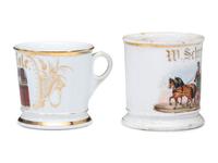 Two Porcelain Occupational Shaving Mugs with Draughtscenes