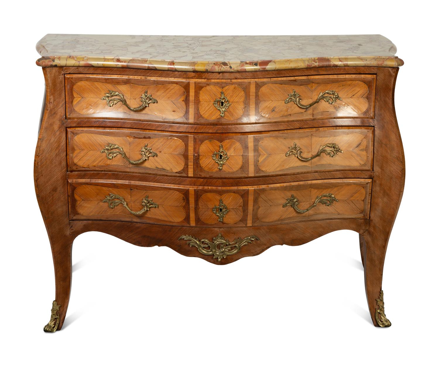 A Louis XV Style Gilt Bronze Mounted Various Woods Commode