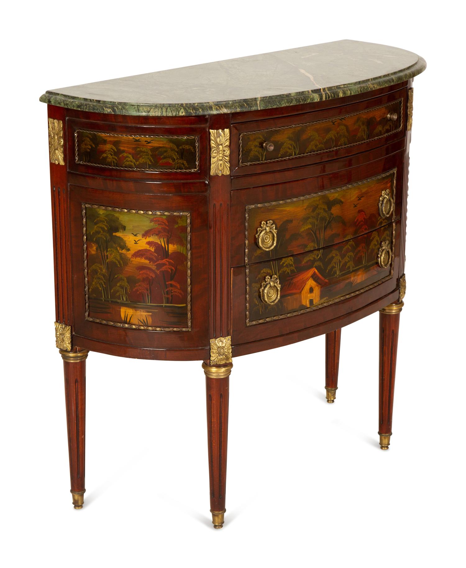 Two French Marble Top Gilt Metal Mounted Side Cabinets