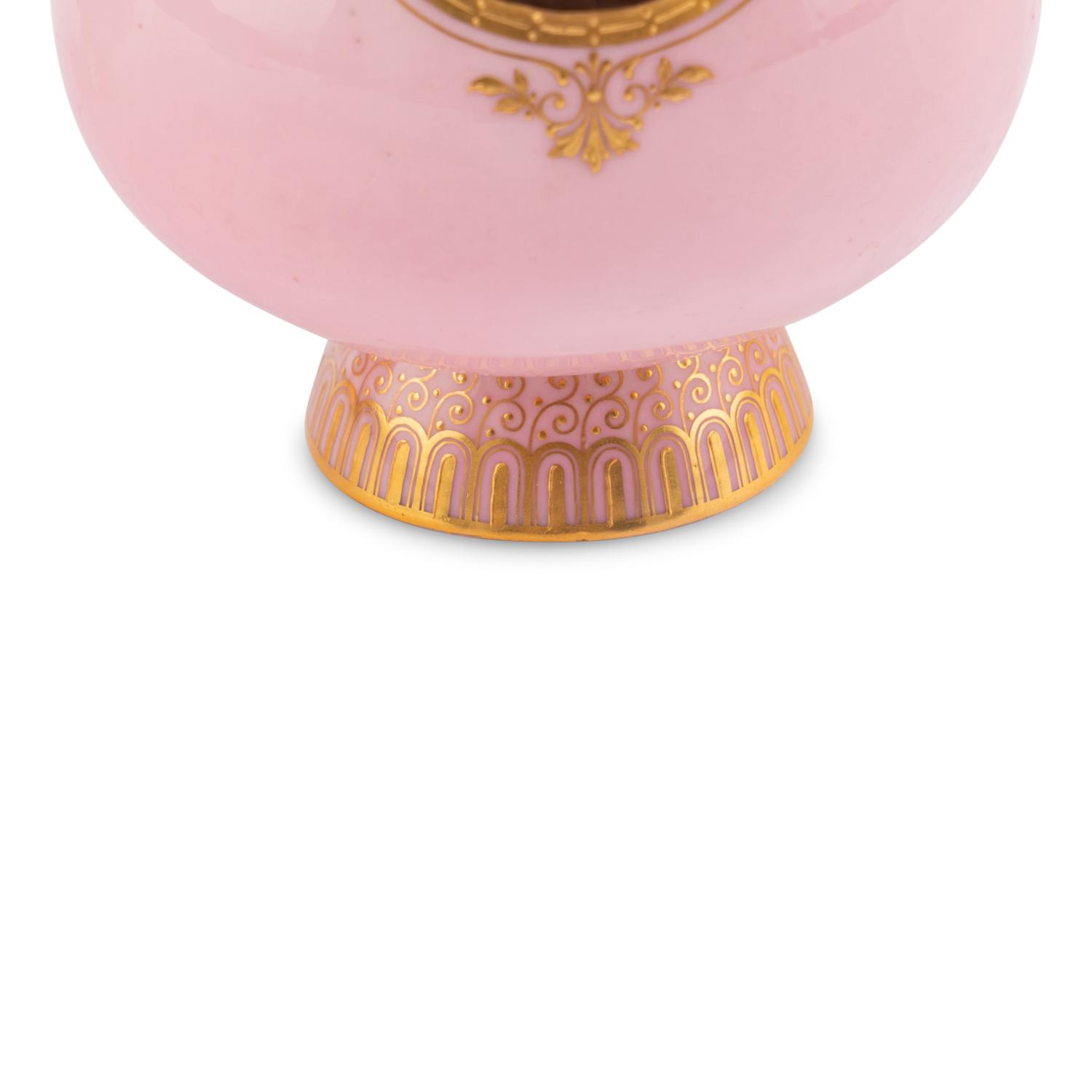 A Pair of Minton Pâte-sur-Pâte Pink Ground Bottle Vases