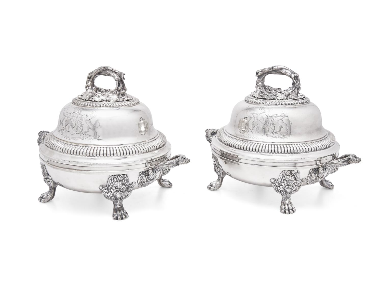 A Pair of George IV Silver Domed Lids on Silver-Plated Tureens
