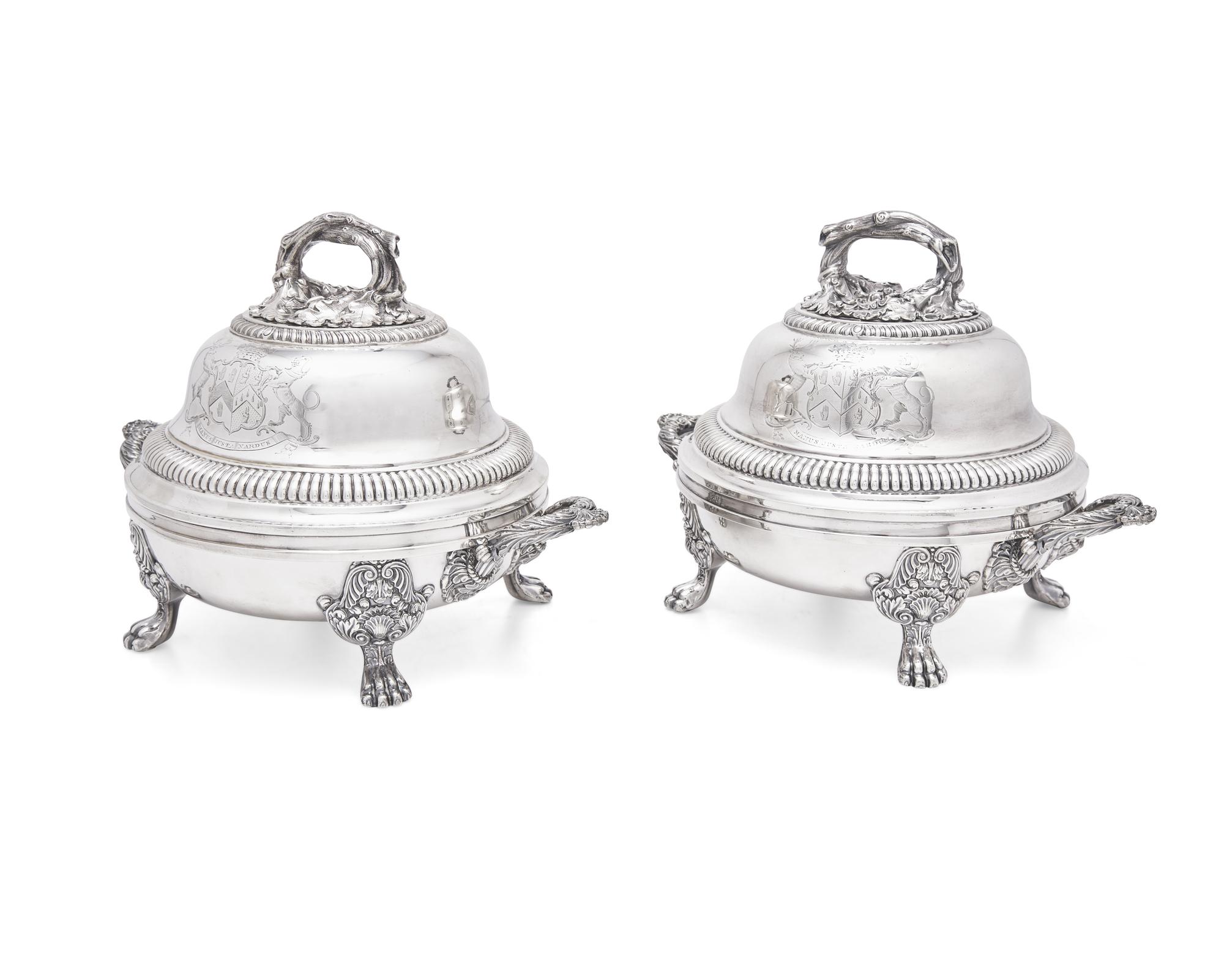 A Pair of George IV Silver Domed Lids on Silver-Plated Tureens
