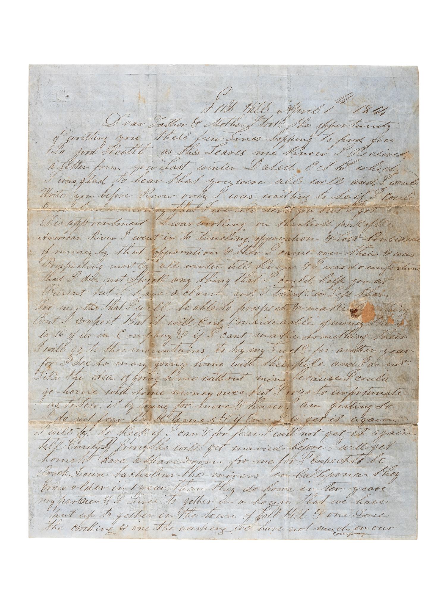 [WESTERN AMERICANA] -- [GOLD MINING]. The Miner's Ten Commandments bifolium lettersheet featuring letter from California gold miner.