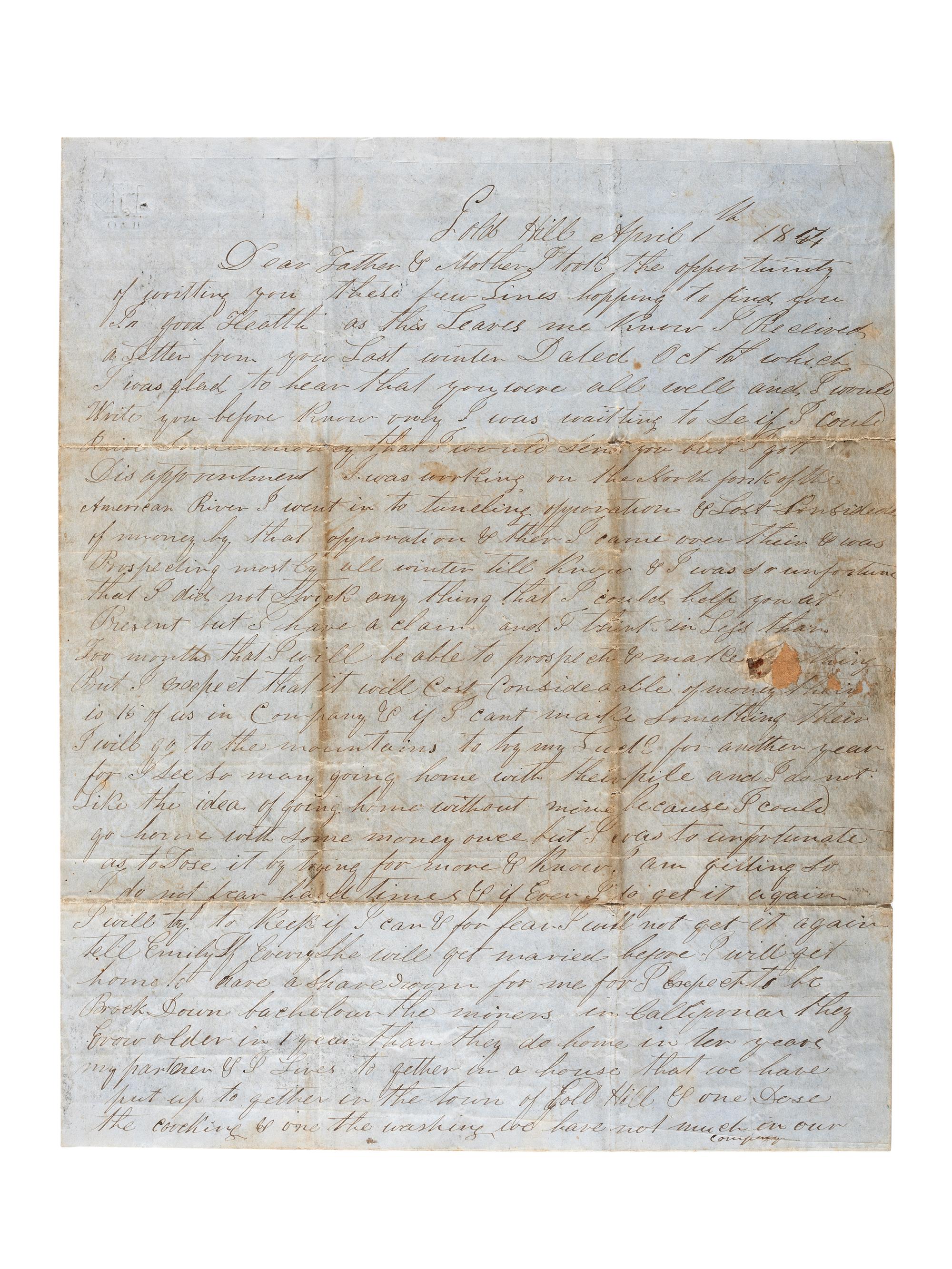 [WESTERN AMERICANA] -- [GOLD MINING]. The Miner's Ten Commandments bifolium lettersheet featuring letter from California gold miner.