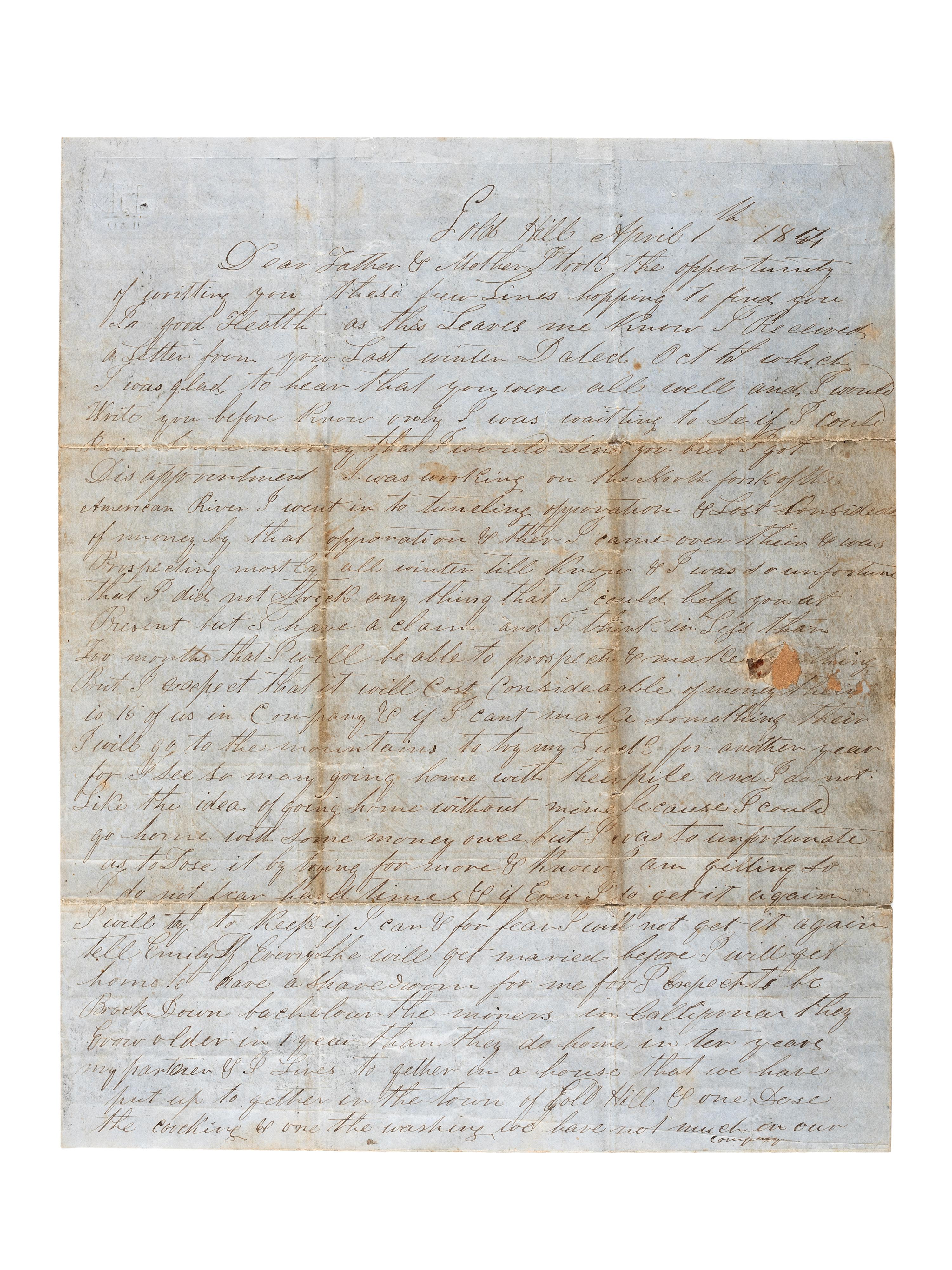 [WESTERN AMERICANA] -- [GOLD MINING]. The Miner's Ten Commandments bifolium lettersheet featuring letter from California gold miner.