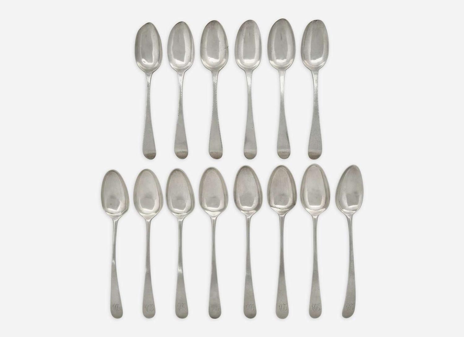 A collection of fourteen silver tablespoons, William Grigg (d. 1797) and William W. Gilbert (before 1746-1832), New York, NY, circa 1760-1780