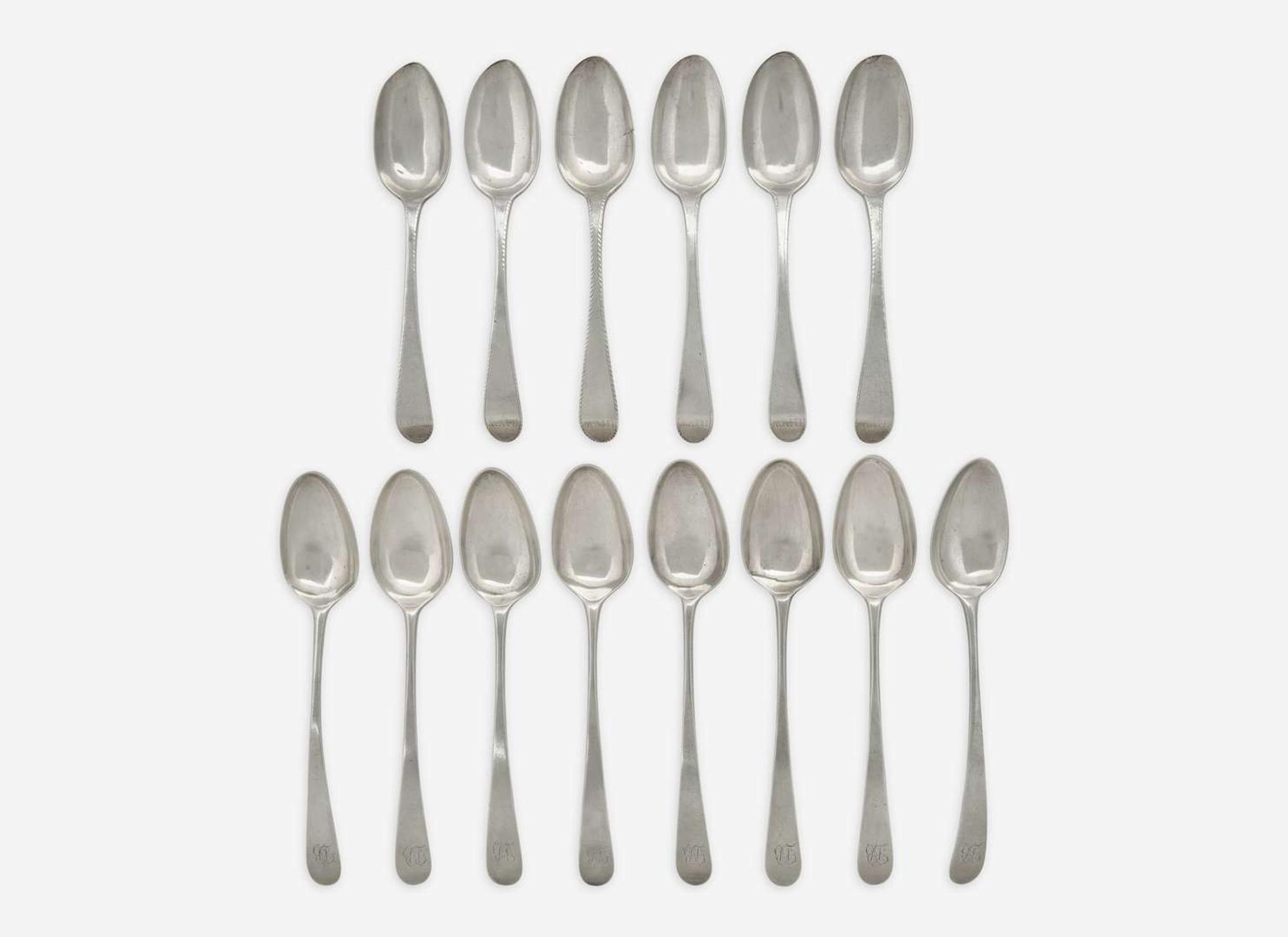 A collection of fourteen silver tablespoons, William Grigg (d. 1797) and William W. Gilbert (before 1746-1832), New York, NY, circa 1760-1780