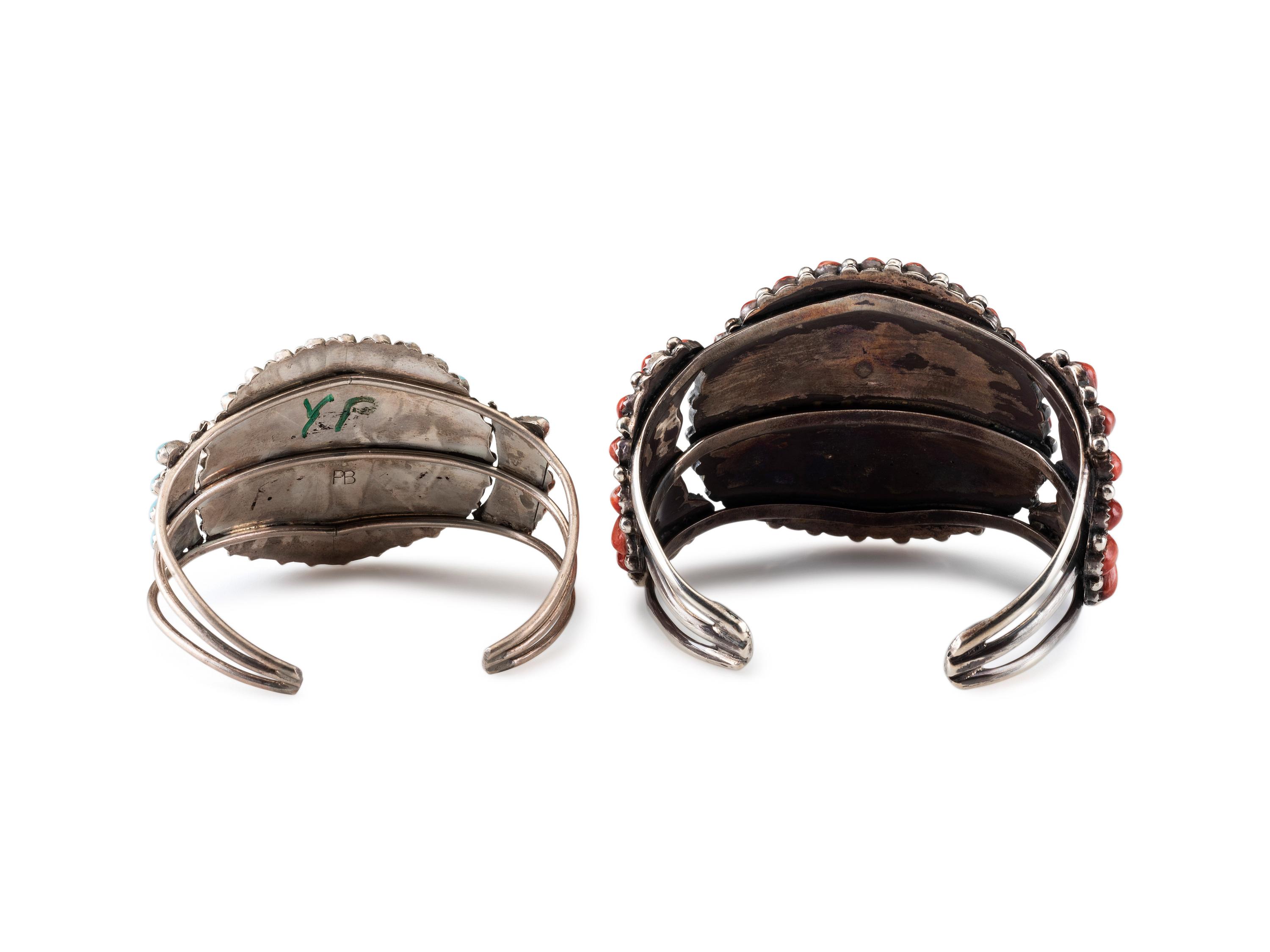 Navajo or Zuni Silver and Cluster Cuff Bracelets