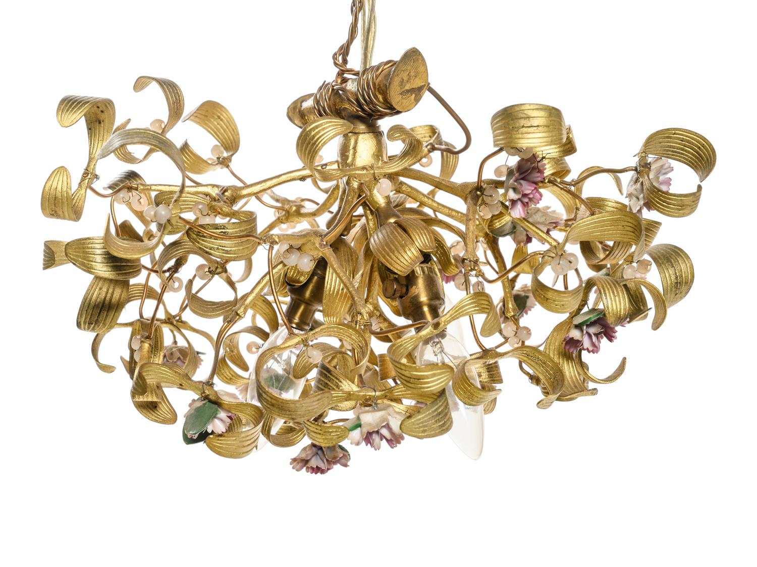A Gilt Metal and Porcelain Three-Light Chandelier