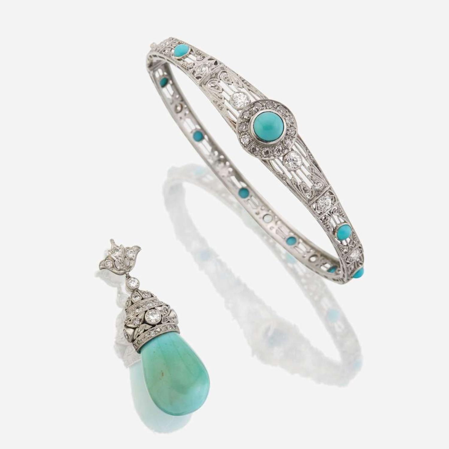A group of platinum and turquoise jewelry