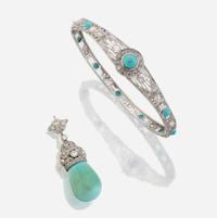 A group of platinum and turquoise jewelry