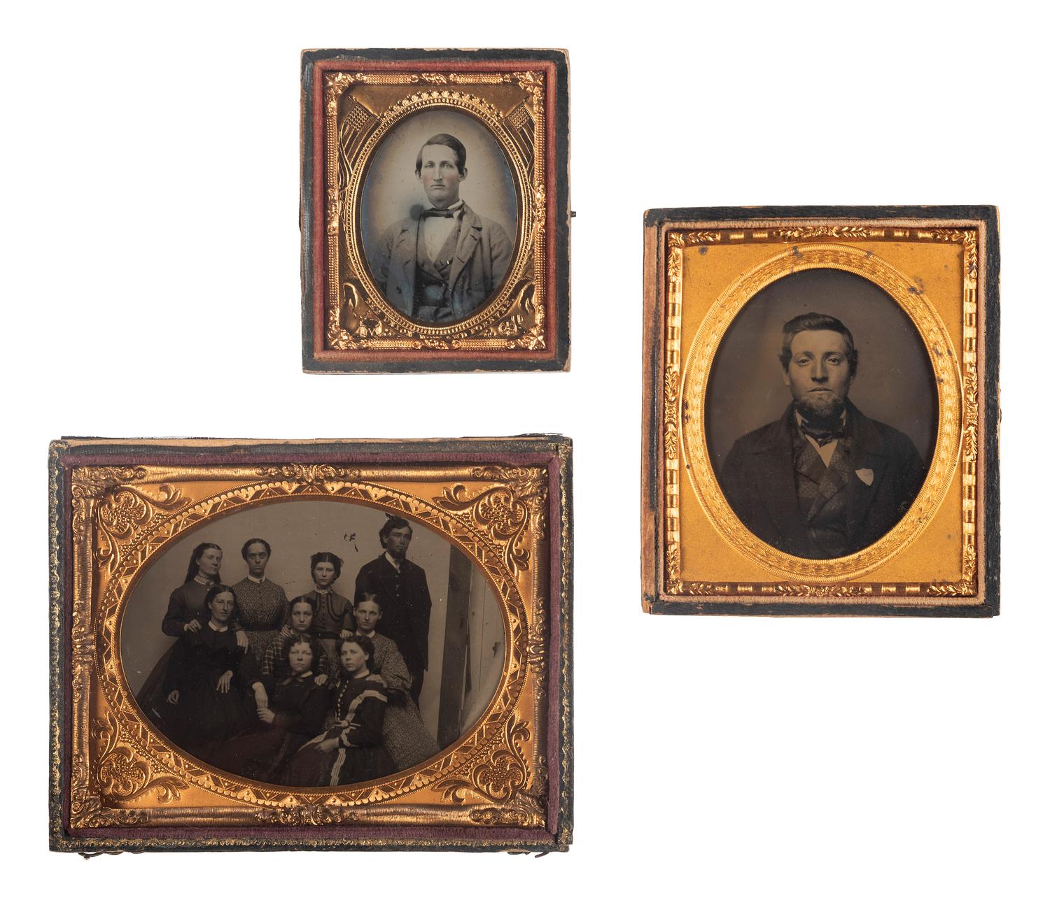 [EARLY PHOTOGRAPHY]. 3 cased images, incl. quarter plate tintype of a young man with several women.