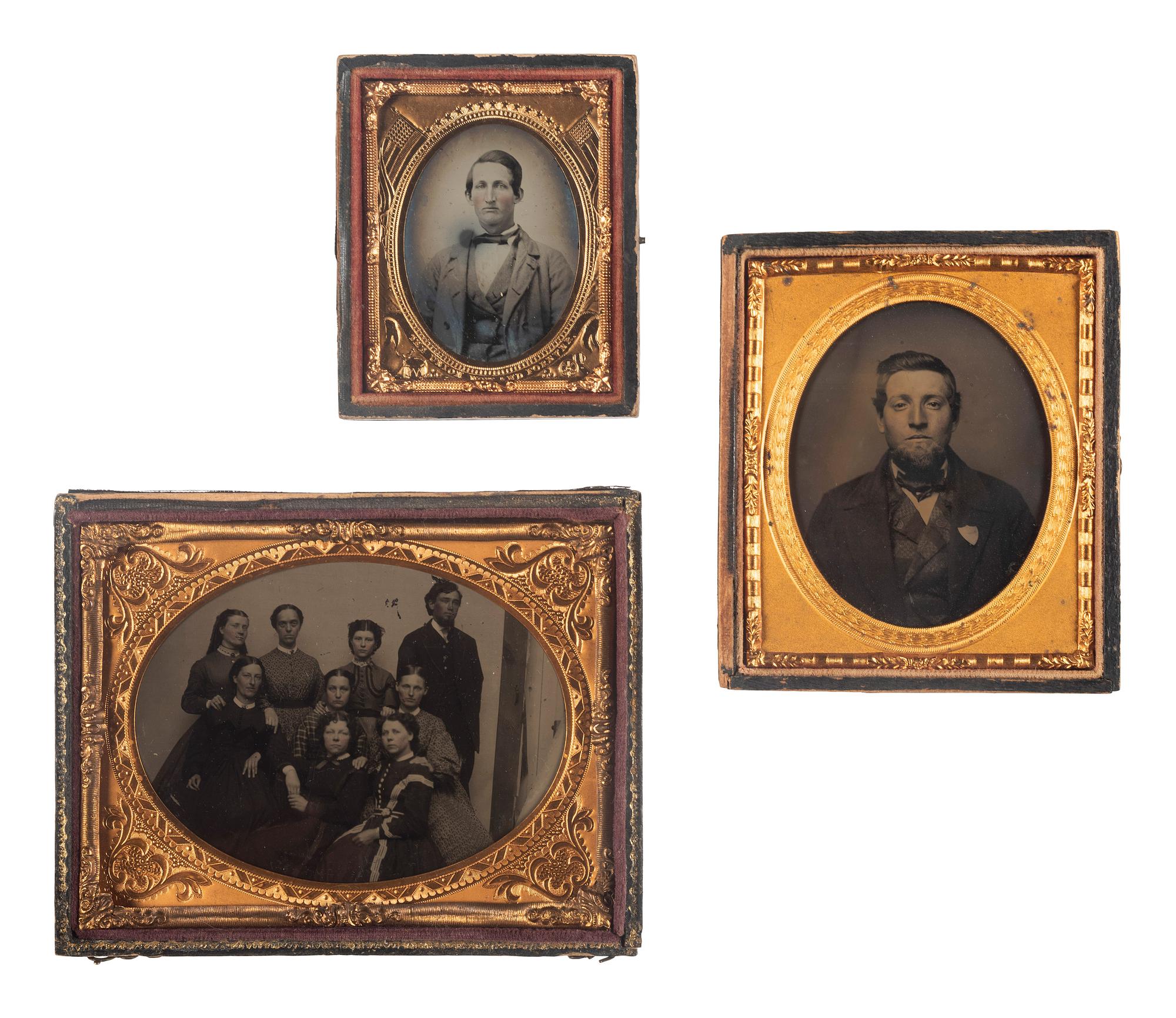 [EARLY PHOTOGRAPHY]. 3 cased images, incl. quarter plate tintype of a young man with several women.